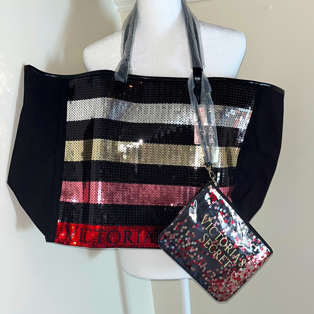 NWT Victoria’s Secret large sequin tote bag with matching accessory bag